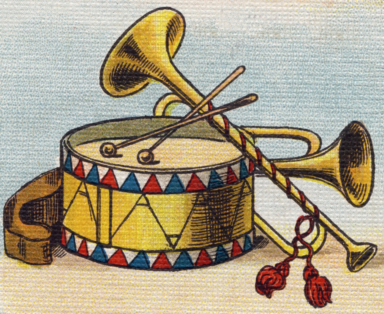Rumpu ja trumpetti. Kaiverrus "Alphabet de ma petite fille". Bernardin-Bechet ja Fils, kirjakauppias-kustantajat, Pariisi, noin 1895. Rikkoutumaton albumi kankaalle. Bibliotheque des Bebes. 12 sivua. Albumi, joka sisältää lukumenetelmän ja havainnollisen a tekijältä Unbekannt