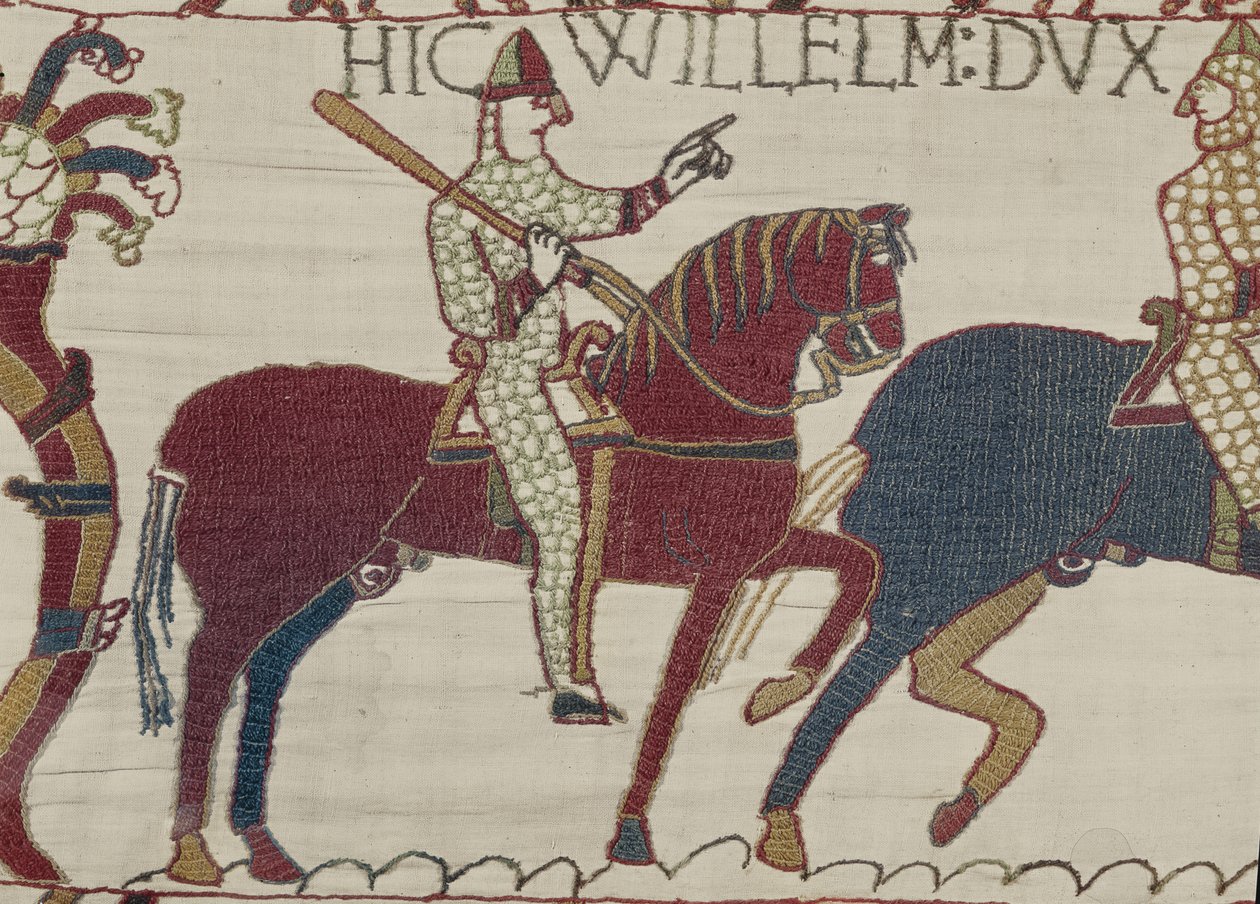 Herttua William kehottaa joukkojaan valmistautumaan taisteluun Englannin armeijaa vastaan, Bayeux Tapestry (villakirjonta pellavalle) tekijältä Unbekannt