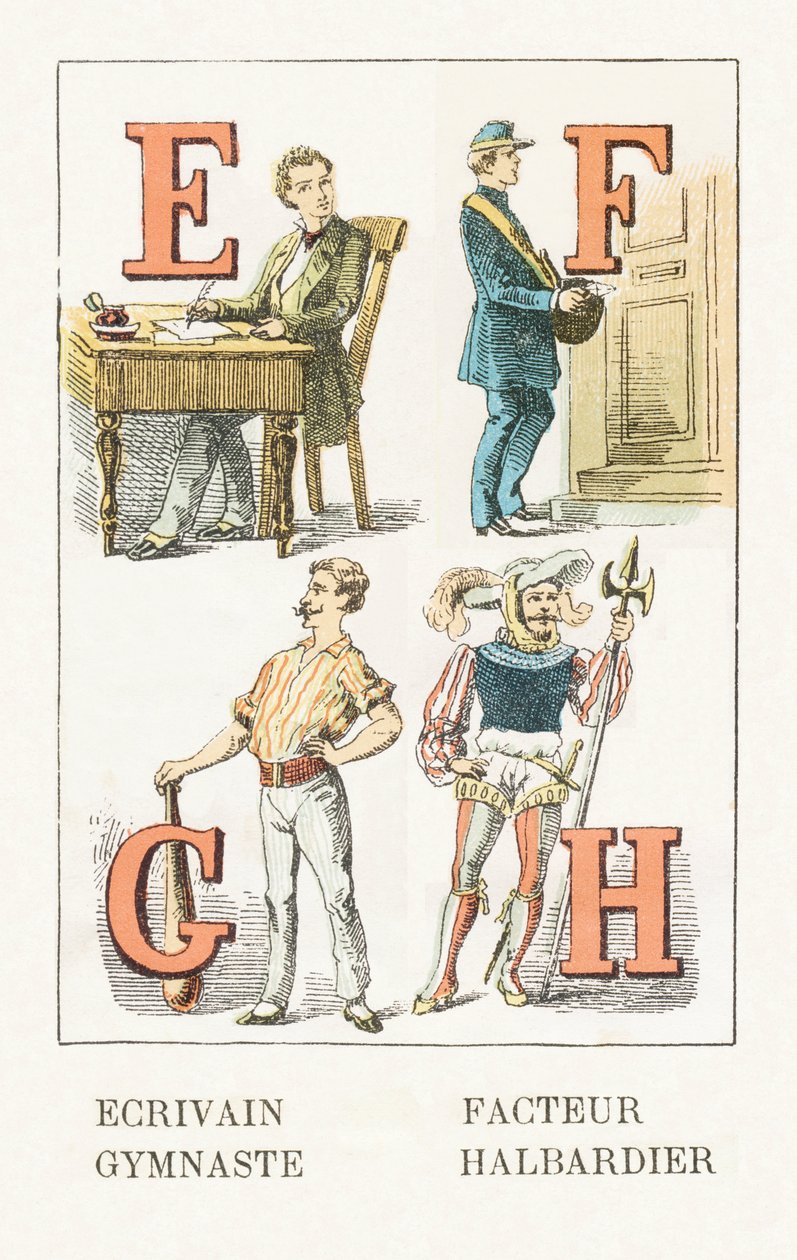 E - kirjailija; F - tekijä; G - Voimistelija; H - Halberdier - Childish Alphabet, Editions Gordinne 1920 (kaiverrus) tekijältä Unbekannt