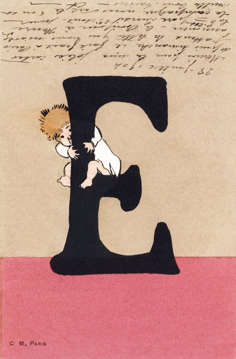 E halaus, suudelma - Lasten aakkoset. C.M.-toimittaja, Paris. Käsinmaalatut postikortit, frankeerattu 1904. Mitat: 14 x 9 cm tekijältä Unbekannt