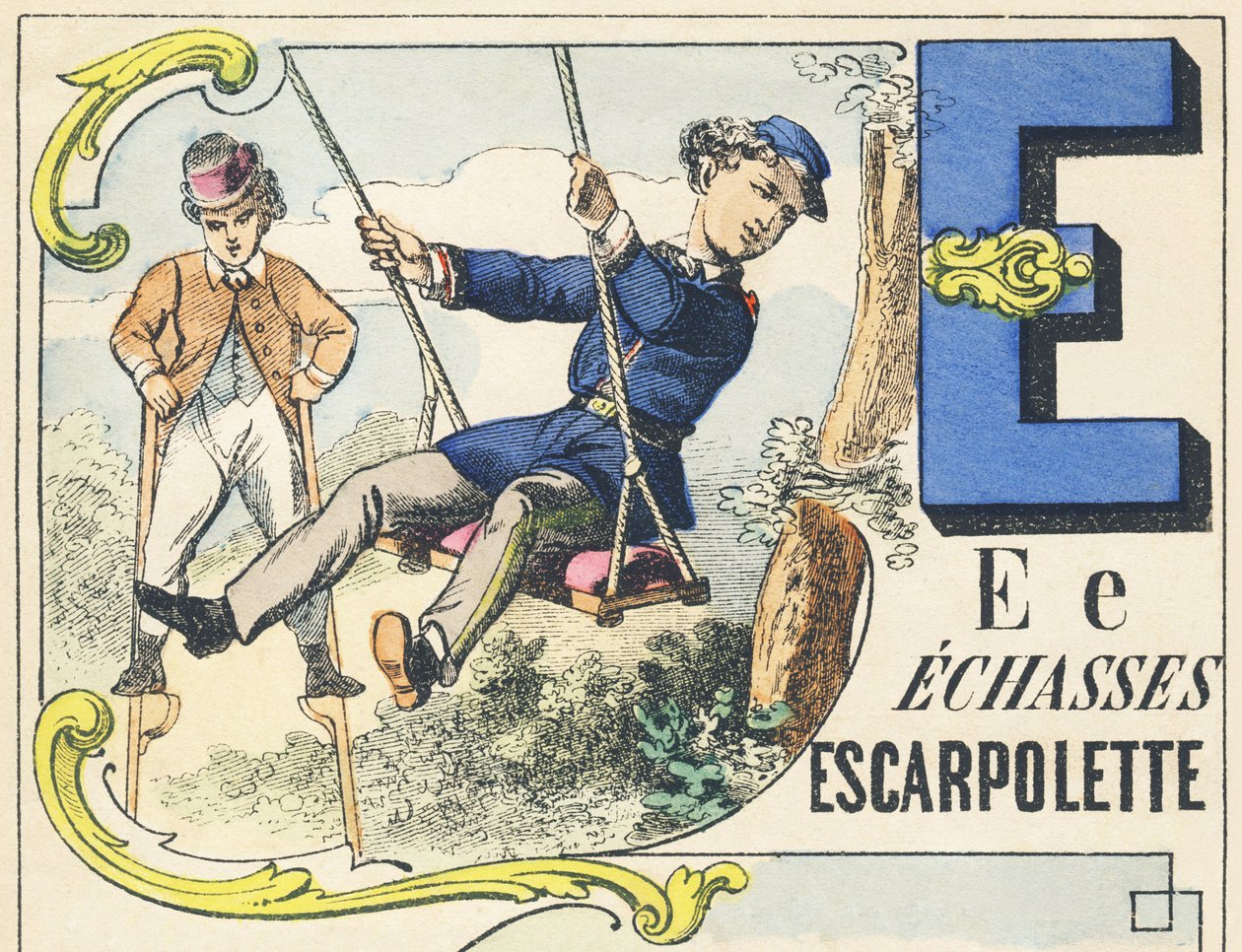 E : echasses, escarpolette - Games Alphabet, n. 1890 (kuva) tekijältä Unbekannt