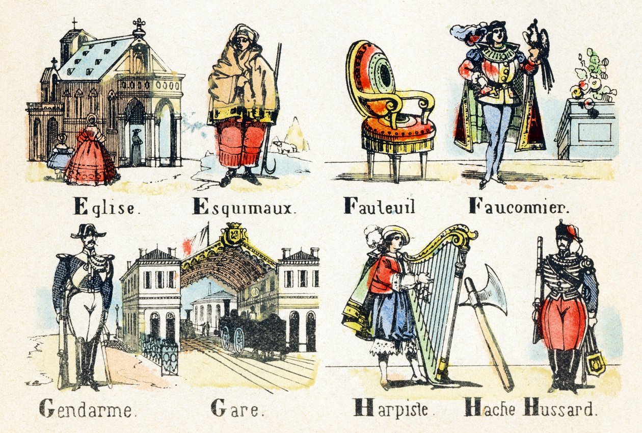 E Eskimokirkko - F haukkametsästäjän nojatuoli - G-aseman poliisi - H-husaarikirvesharpisti - Aakkoset - lasten viihdettä - Kuvaepinal, suosittu sarja n. 1890 (kuva) tekijältä Unbekannt