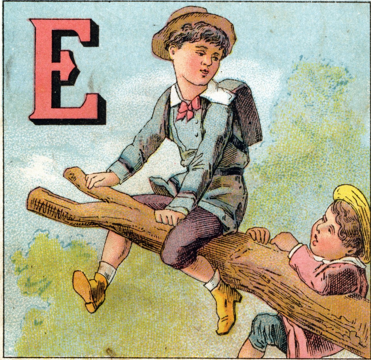 E-kirjaimet: poika tasapainossa puun oksalla. Kaiverrus "Alphabet des petits ecoliers". Epinalin kuva, noin 1885. Privee Collection tekijältä Unbekannt