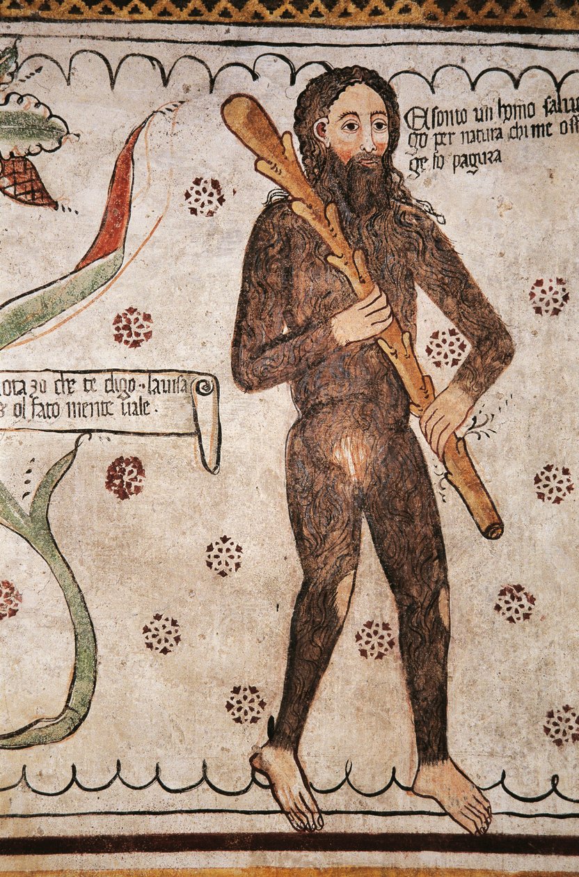 Ego sonto un homo salvadego per natura, chi me ofende ge fo pagura (Olen luonteeltani villi mies, ne, jotka loukkaavat minua, pelkään), fresko, Homo Salvadego -museo, Sacco, Cosio Valtellino, Lombardia, Italia tekijältä Benjamin Baud