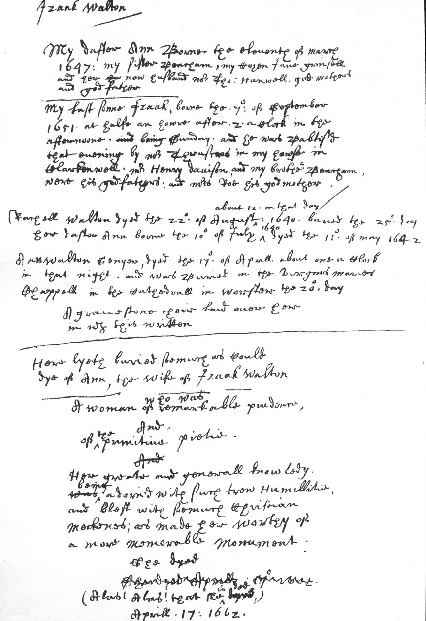 Izaak Waltonin merkinnät hänen yhteisen rukouskirjan kopiossaan, vuoden 1662 jälkeen (kynä ja muste paperille) tekijältä Unbekannt