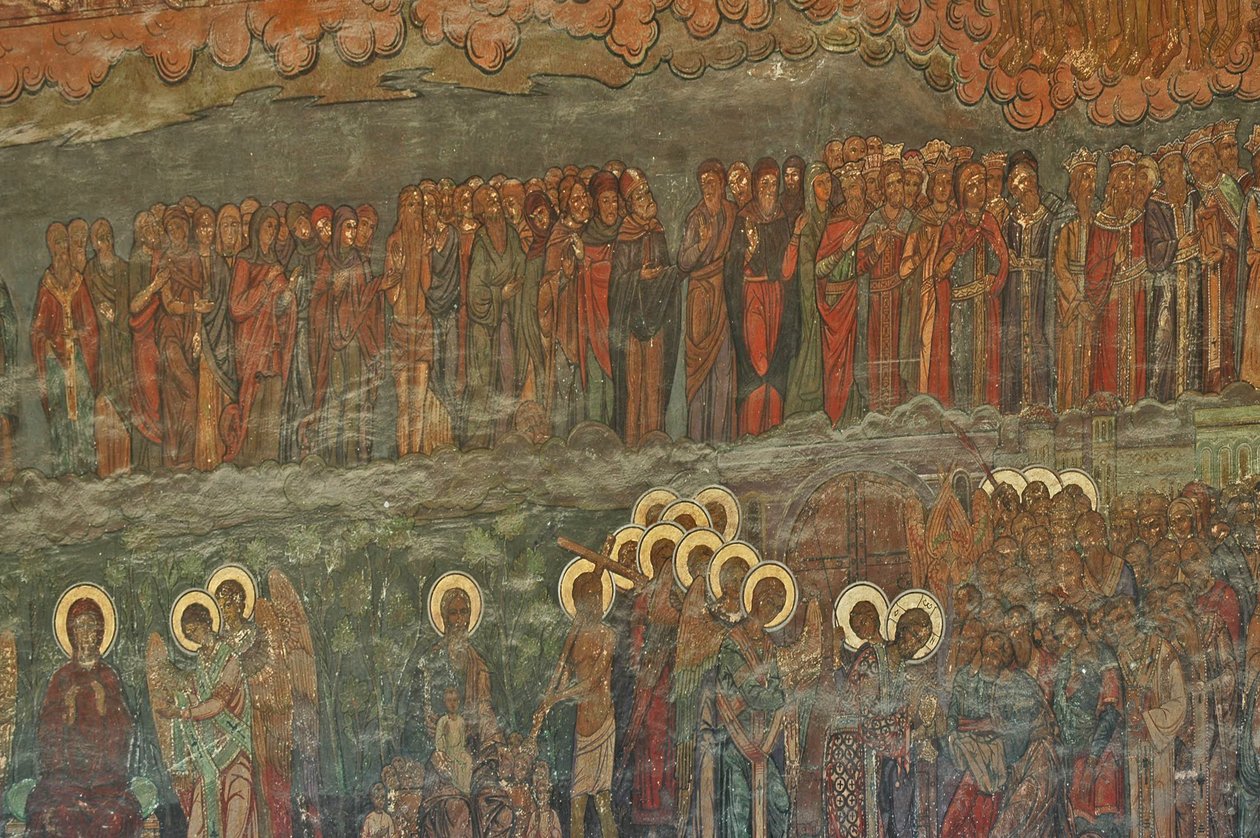 Eurooppa, ROMANIA, Bukarest, Patriarkaalinen ortodoksinen katedraali (1656), seinäfresko sisäänkäynnin vieressä tekijältä Unbekannt