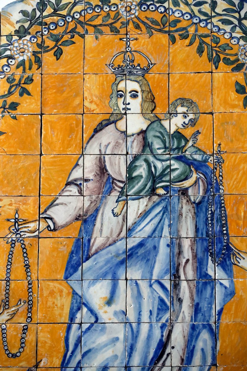 Evoran museo. Azulejos. Pyhä Dominic vastaanottaa Ruusukkeen Neitsyeltä. Portugali. tekijältä Benjamin Baud