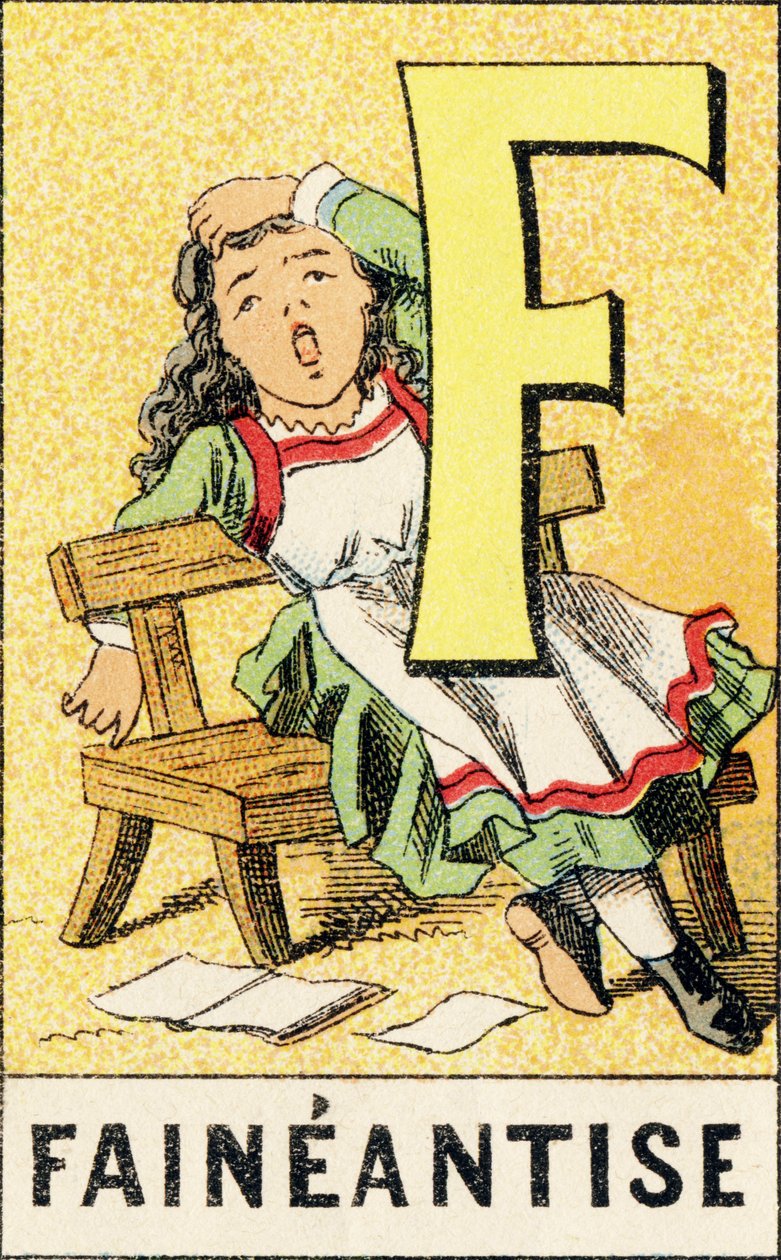 F: Faineantise - Kaiverrus pienten tyttöjen ABCD:stä. Pellerin & Cie, kirjapaino-kustantaja, Epinal, noin 1890. Serie A. Mitat: 19 x 13,5 cm. tekijältä Unbekannt