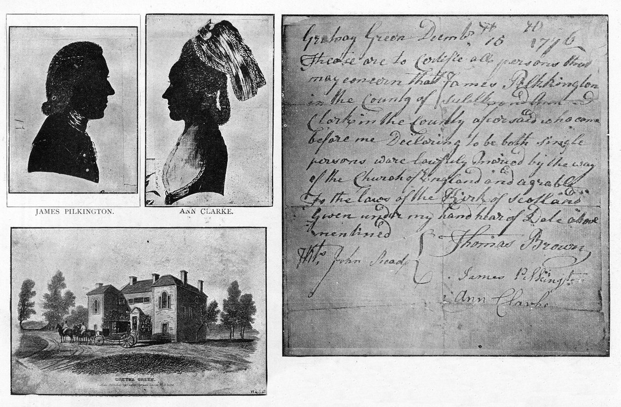 Faksimile Gretna Green -avioliittotodistuksesta, jossa on muotokuvia parista, James Pilkington ja Ann Clarke, jotka menivät naimisiin 16. joulukuuta tekijältä Unbekannt
