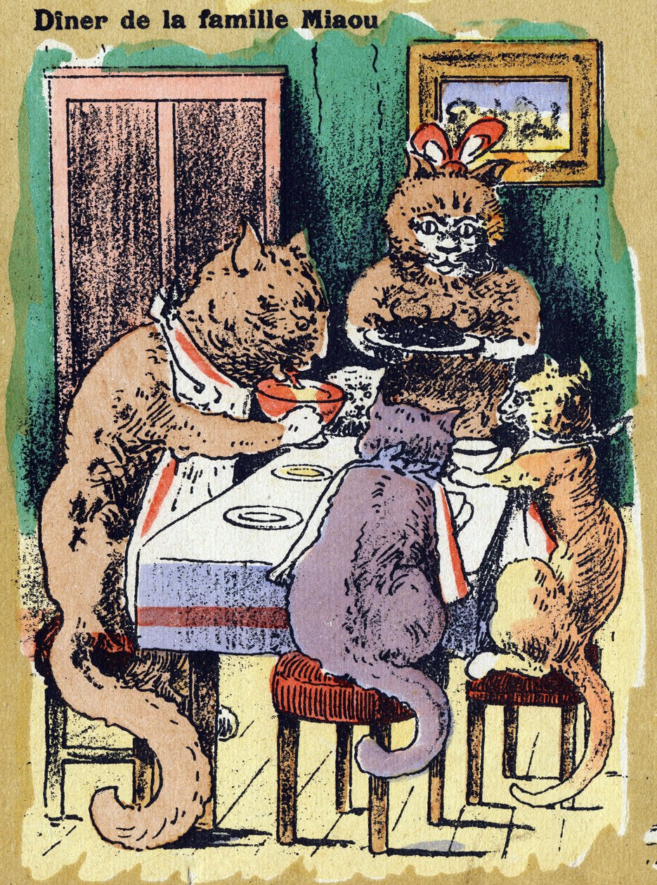 Perheillallinen miau. Kuvitettu aakkoset. Kuvat yhdistyivät Jarville-Nancyssa 1900-luvun alussa. Mitat: 40 x 29 cm. Litografia bistre-taustalla tekijältä Unbekannt