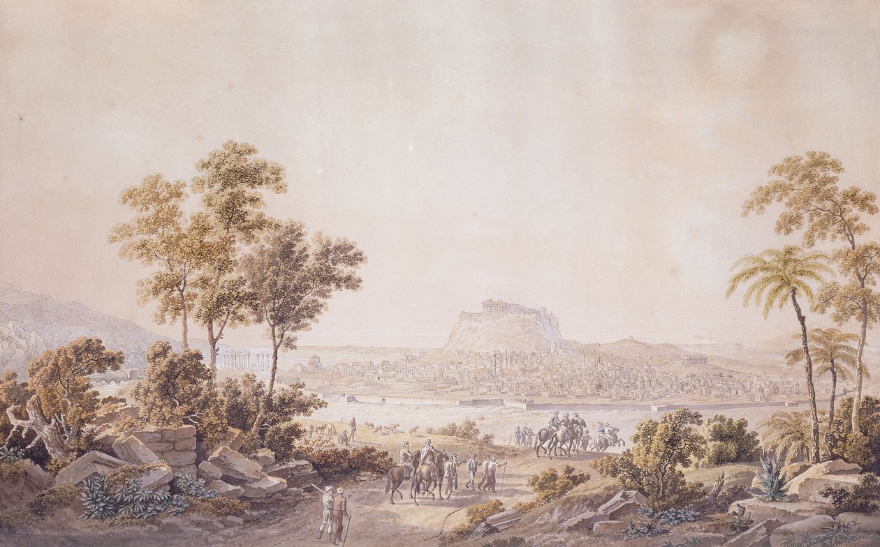 Figuurit lähestyvät Ateenan kaupunkia, Kreikka, n. 1800 tekijältä Unbekannt