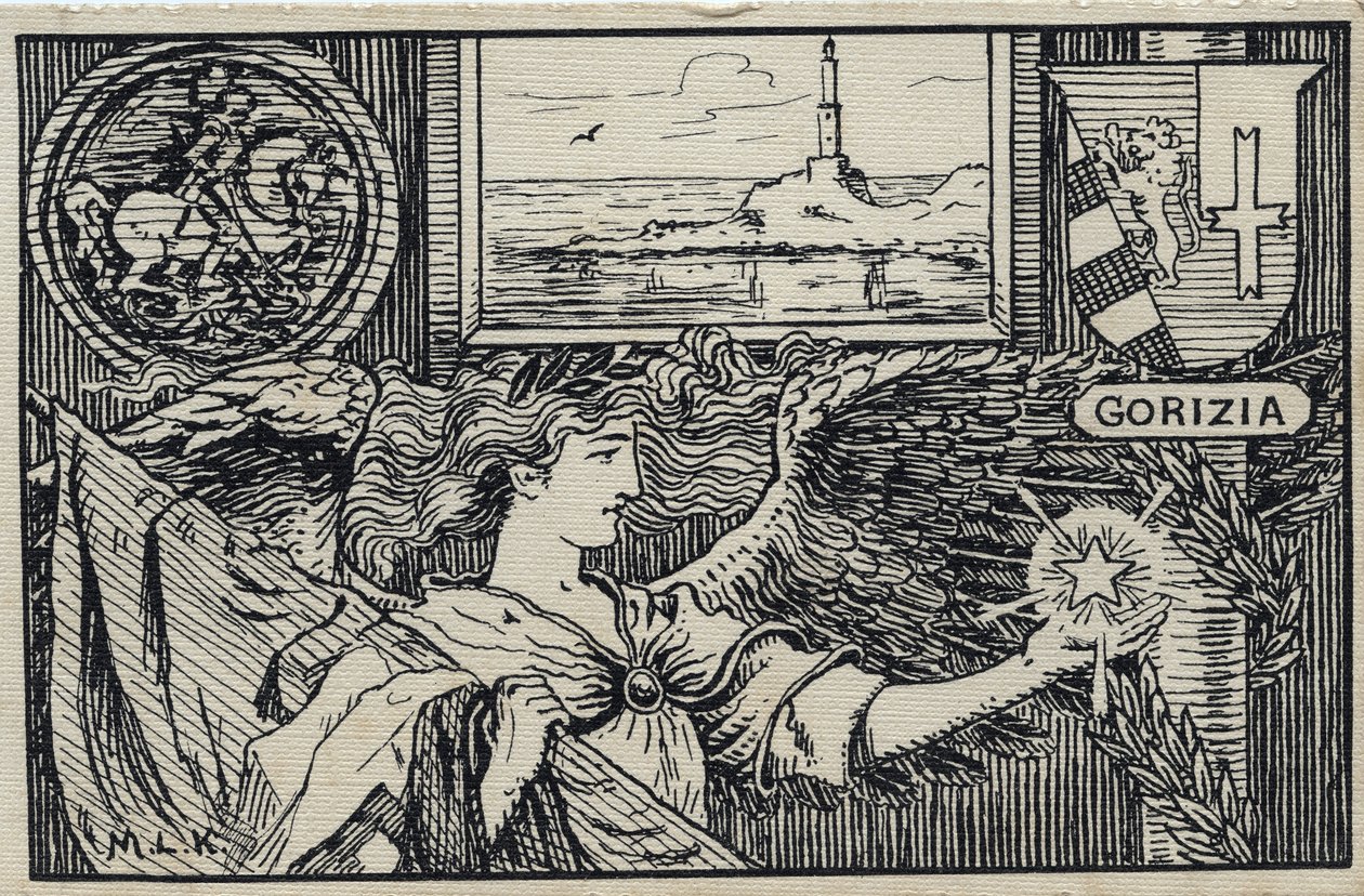 Ensimmäinen maailmansota (1914-1918): italialainen isänmaallinen postikortti Gorizian liittämiseksi Italiaan tekijältä Unbekannter Künstler