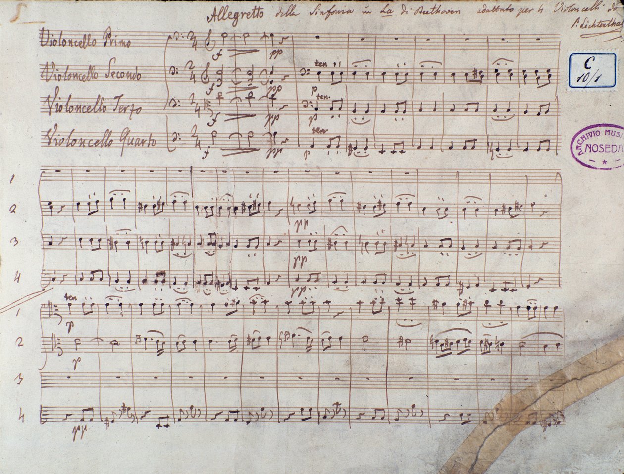 Ensimmäinen sivu Sinfonia n:n neljälle sellolle. 7 fi A-duuri, op. 92, kirjoittanut Ludwig van Beethoven tekijältä Unbekannter Künstler