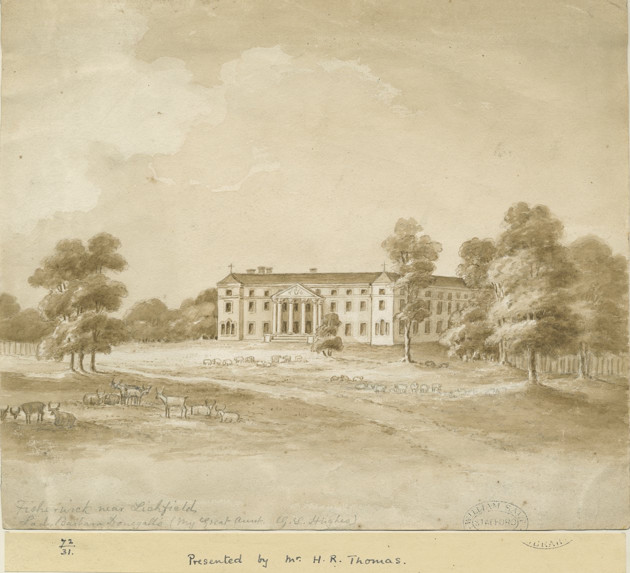 Fisherwick Hall: seepiapesupiirros, nd [?1800-luku] tekijältä Unbekannt