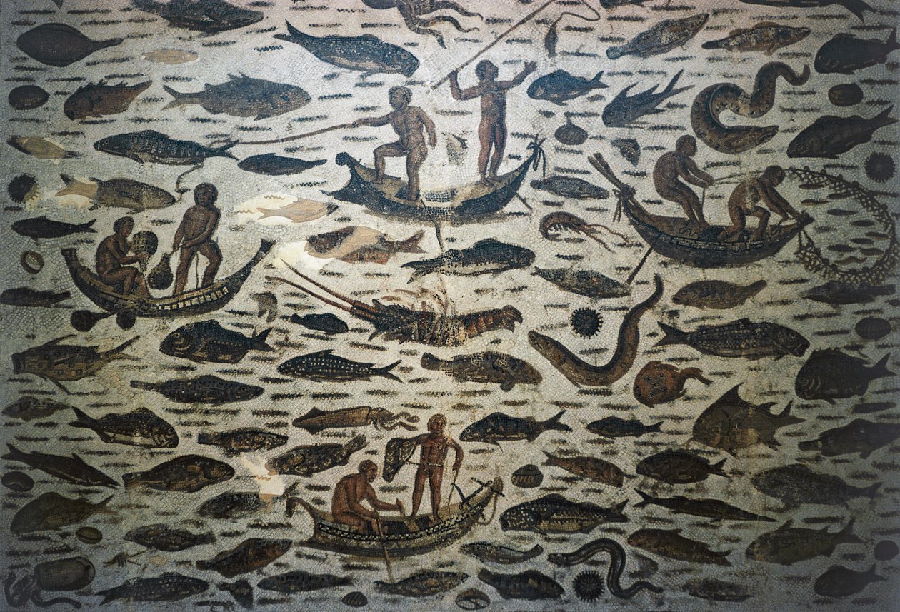 Kalastuskohtaus, mosaiikki, roomalainen sivilisaatio, 3. vuosisadalla jKr tekijältä William M. Timlin