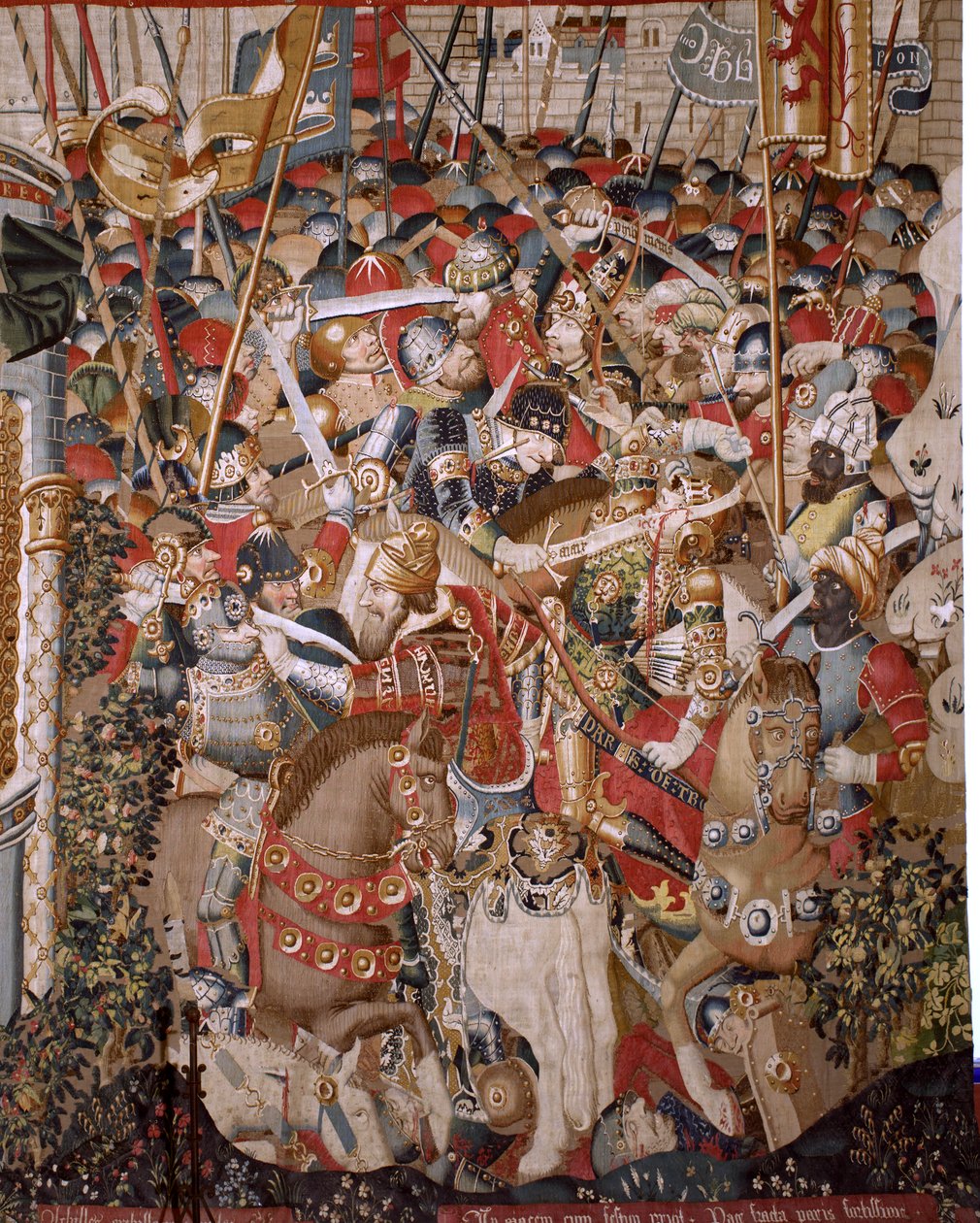 Flanderin kuvakudos. Sarja Troijan sota. Akilleuksen kuolema (Muerte de Aquiles). Sarjan kahdeksas kuvakudos. Malli Coëtivy Master (Henry tai Conrard de Vulcop). Valmista Tournai työpajoja. Noin 1470. Kangas Villaa ja silkkiä, 6/7 loimi/cm. Koko 482 x 942  tekijältä Unbekannt
