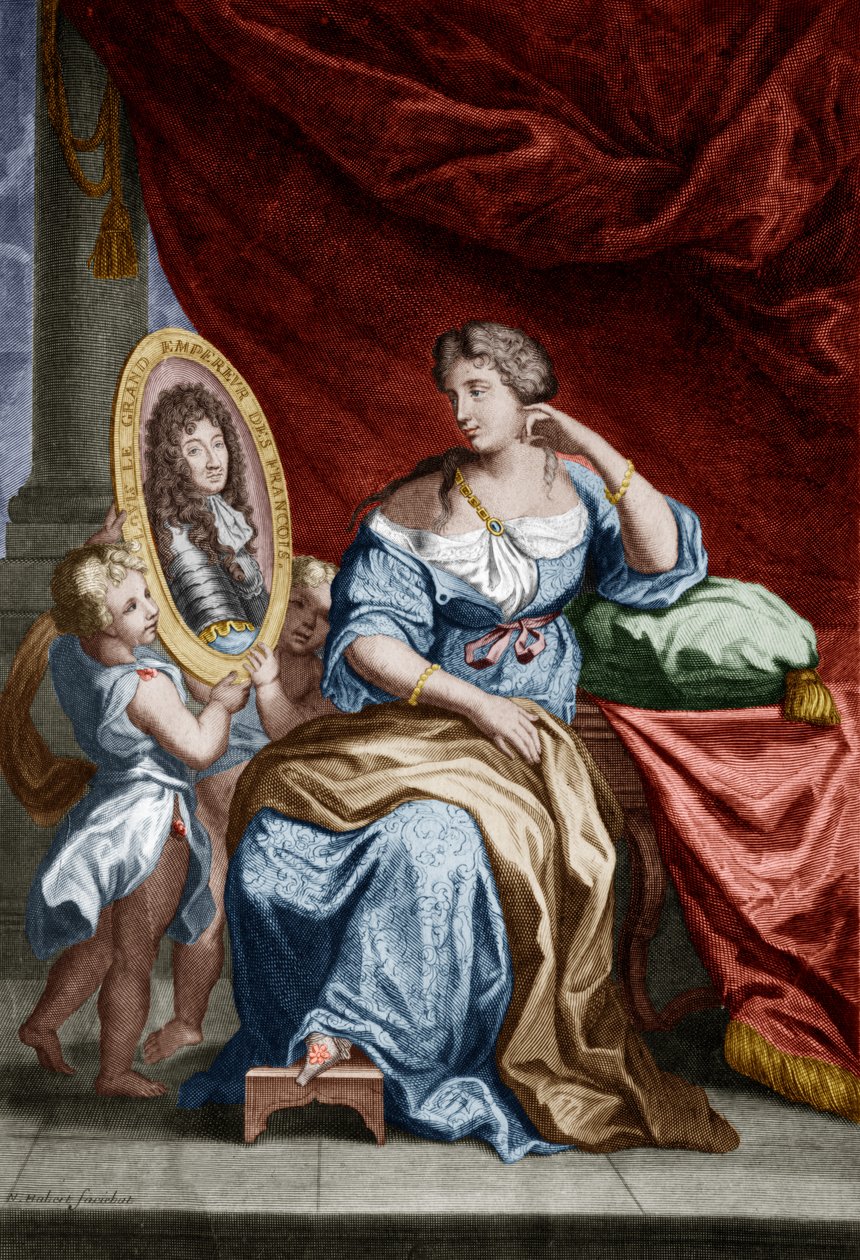 Francoise de Rochechouart de Mortemart Montespanin markiisi (1641-1707), mainittu Athenais, Ranskan kuningas Ludvig XIV:n rakastajatar, kaiverrus, väritetty asiakirja. tekijältä Unbekannter Künstler
