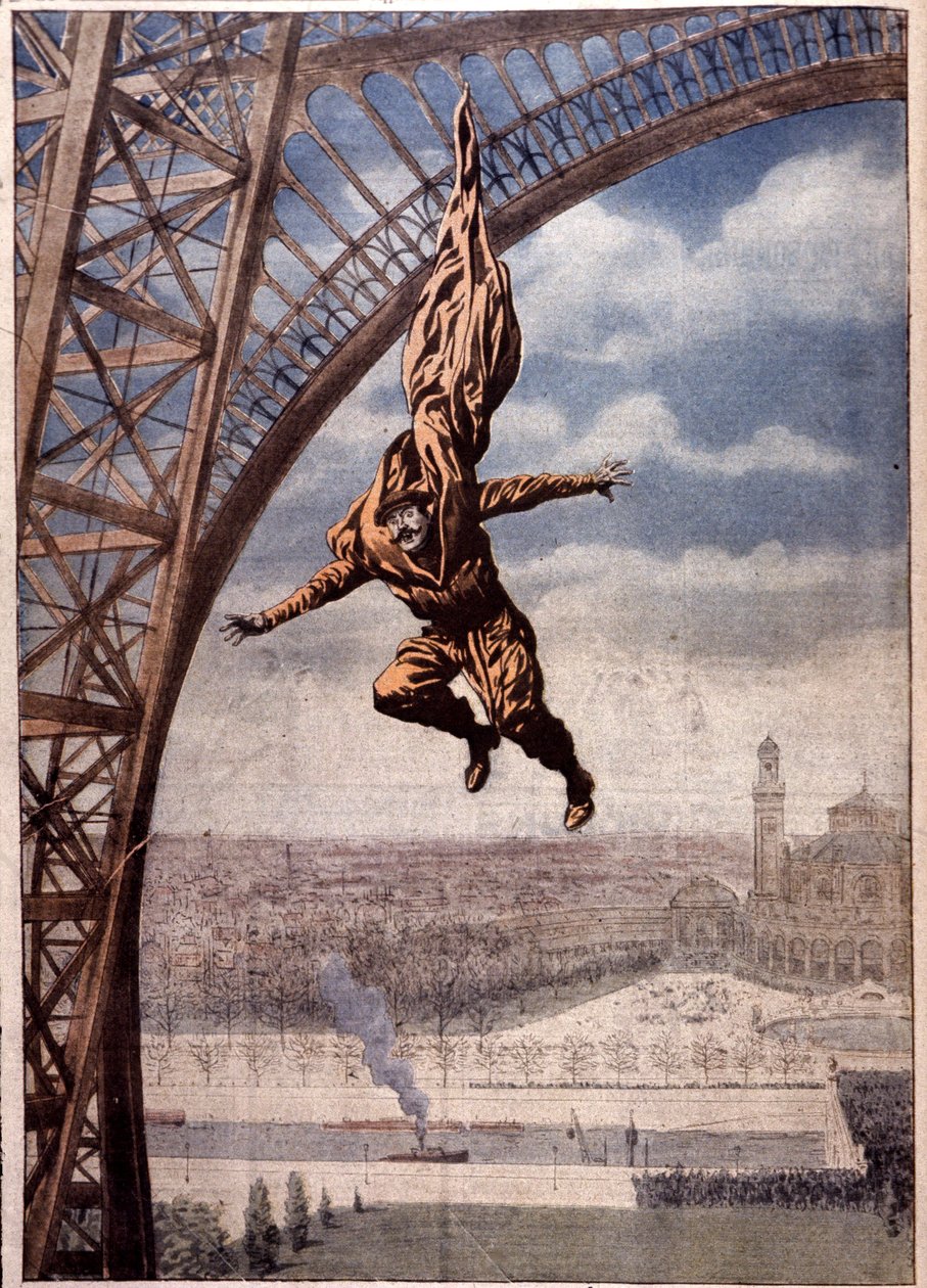 Franz Reichelt kuoli testatessaan "laskuvarjotakkinsa" Eiffel-tornista. tekijältä Unbekannter Künstler
