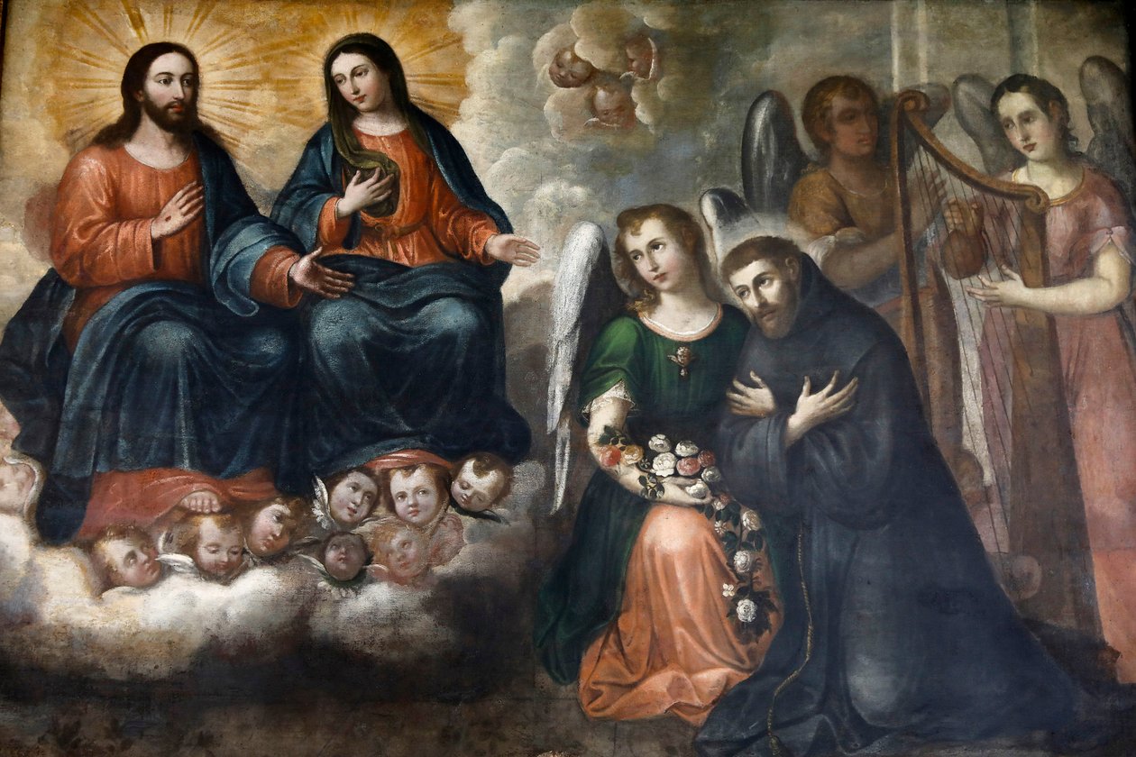 Fray Pedro Gocial -museo San Franciscon luostarissa, Quito, Ecuador. Maalaus, joka kuvaa Jeesusta ja Mariaa ilmestymässä San Franciscukselle (valokuva) tekijältä Unbekannter Künstler