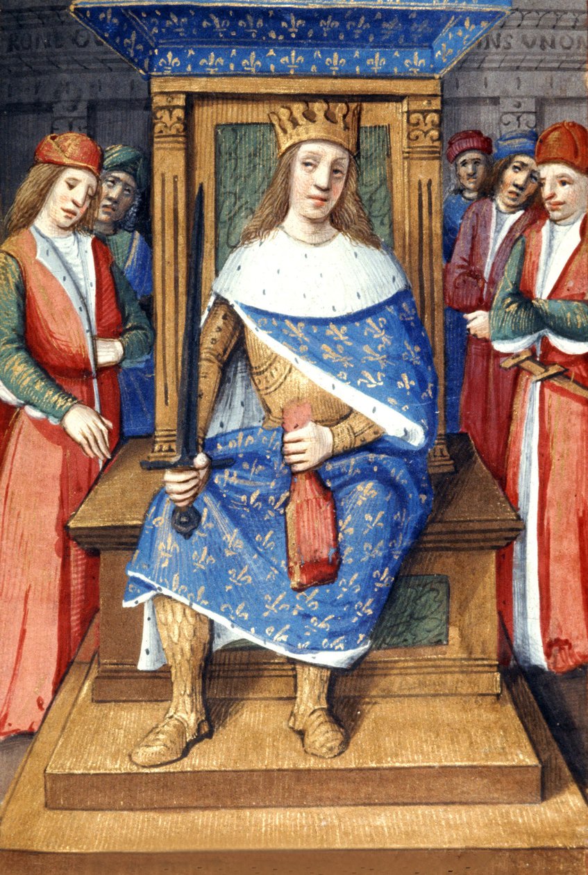 Ranskan kuningas Ludvig IX (pyhä Ludvig, 214-1270, kuningas 1226-1270) valtaistuimellaan, ranskalainen valaisu tekijältä Unbekannter Künstler