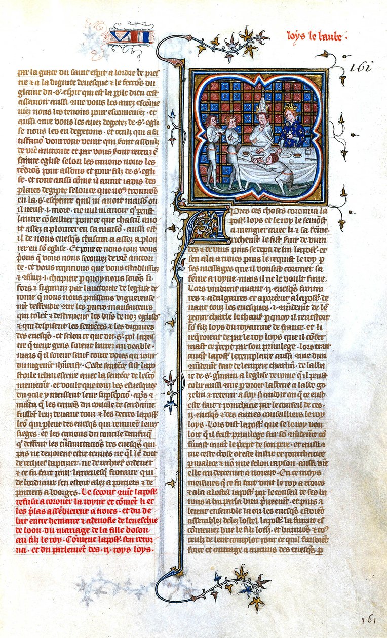 Ranskan kuningas Ludvig Stammer (846-879) tapaamassa paavi Johannes VIII:a kruunajaisissaan vuonna 877, valaistus teoksesta "Grandes Chroniques de France de CharlesV", noin 1375-1380. tekijältä Unbekannter Künstler