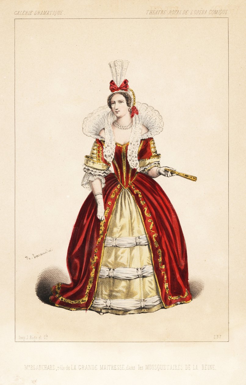 Ranskalainen oopperalaulaja Madame Frosine Blanchard La Grande Maitressen roolissa Fromental Halevyn koomisessa oopperassa Les Mousquetaires de la Reine, Theatre Royal de l