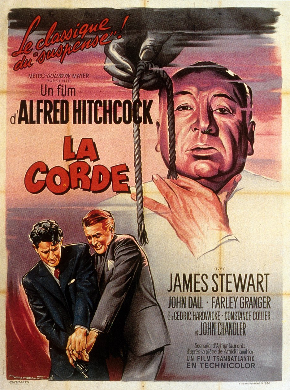 Ranskalainen juliste Alfred Hitchcockin ohjaamaan elokuvaan Rope pääosissa Jimmy Stewart, John Dall ja Farley Granger 1948 tekijältä Unbekannt