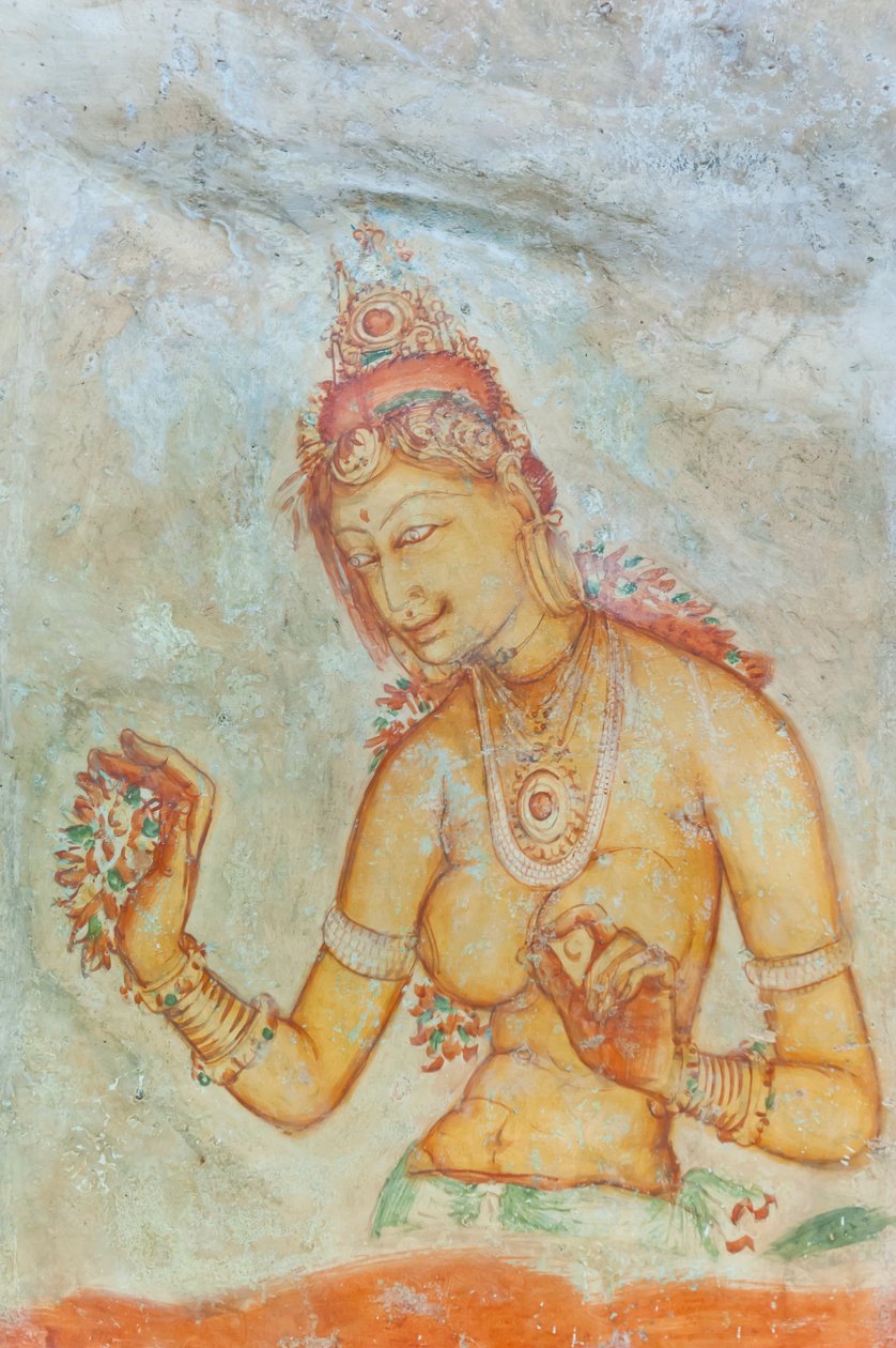 Fresko; paljasrintainen nainen kukkien kanssa; Apsara; Unescon maailmanperintökohde; Sigiriya; Sri Lanka; Aasia tekijältä Unbekannt