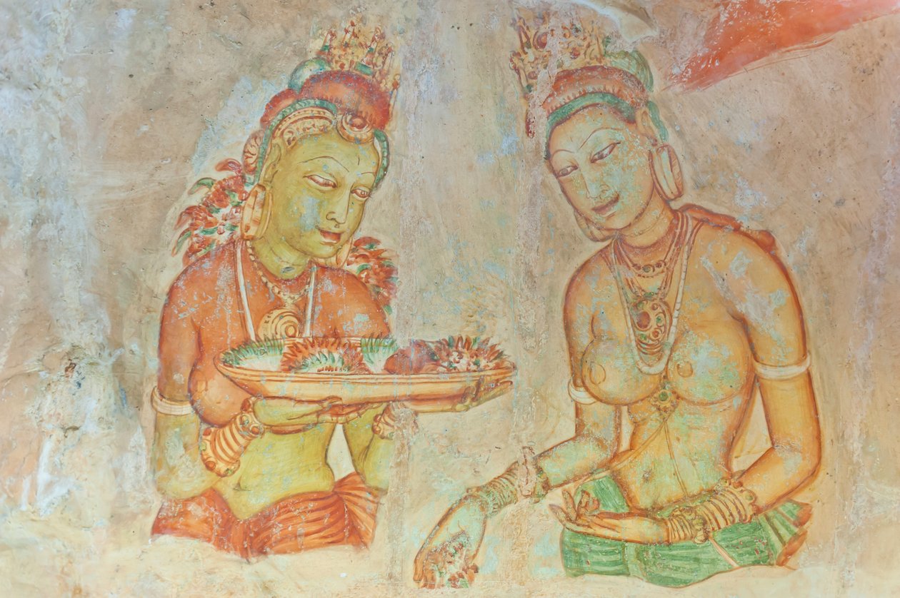 Fresko; paljasrintainen nainen kukkien kanssa; Apsaras; Unescon maailmanperintökohde; Sigiriya; Sri Lanka; Aasia tekijältä Unbekannt