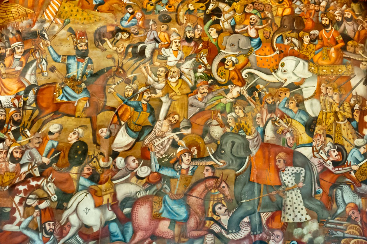 Fresko; taistelu; Nadir Shahin taistelu Karnalin taistelussa; 1739; hevosella; sulttaani Mohammed Shah Gurkania vastaan valkoisella norsulla; Chehel Sotoun; Neljänkymmenen pilarin palatsi; Isfahan; Iran; Aasia tekijältä Unbekannt