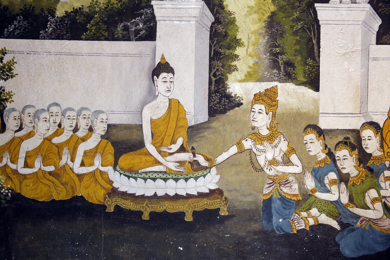 Fresko, joka kuvaa kohtausta Buddhan elämästä Wat Phra Doi Suthepissa Chiang Maissa. Buddha saa almua. Thaimaa tekijältä Unbekannt