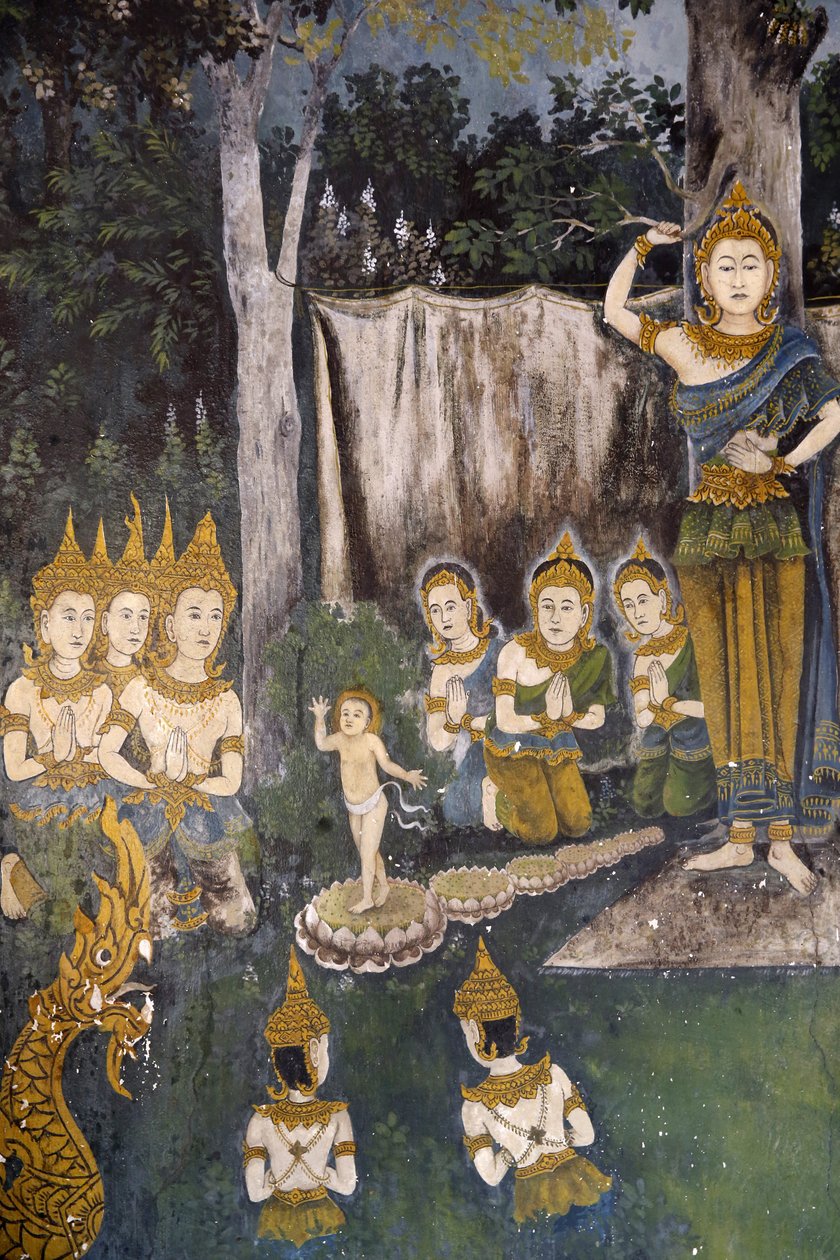 Fresko, joka kuvaa kohtausta Buddhan elämästä Wat Phra Doi Suthepissa Chiang Maissa. Thaimaa. Buddha lapsena. tekijältä Unbekannt