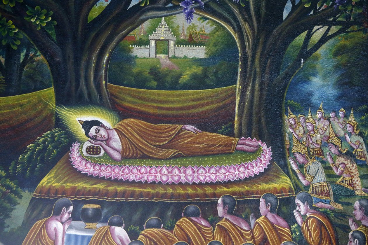 Fresko, joka kuvaa Buddhan tuloa nirvanaan Wat Chiang Munissa Chiang Maissa. Buddhan tulo parinirvanaan. Thaimaa tekijältä Unbekannt