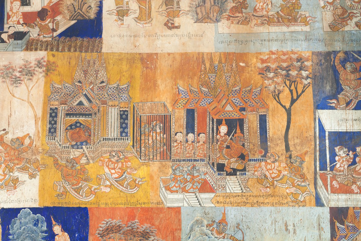 Afrescos adornando as paredes de Wat Bo retratando cenas de Reamker, Siem Reap, Camboja (foto)finlandês tekijältä Unbekannter Künstler