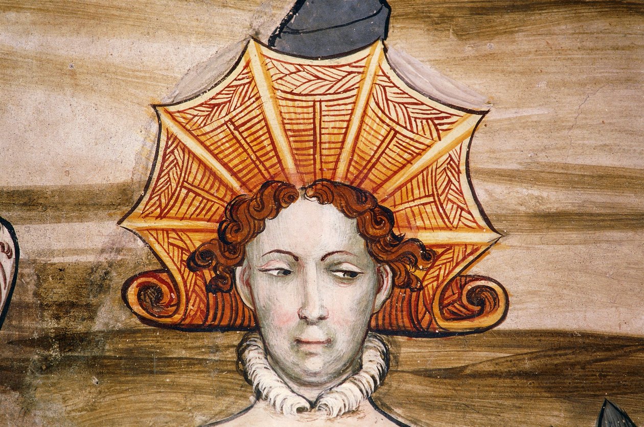 Baronial Hallin freskot (1400-luku), yksityiskohta, Della Mantan linna, Manta (Cuneo), Piemont, Yksityiskohta, Italia tekijältä Benjamin Baud