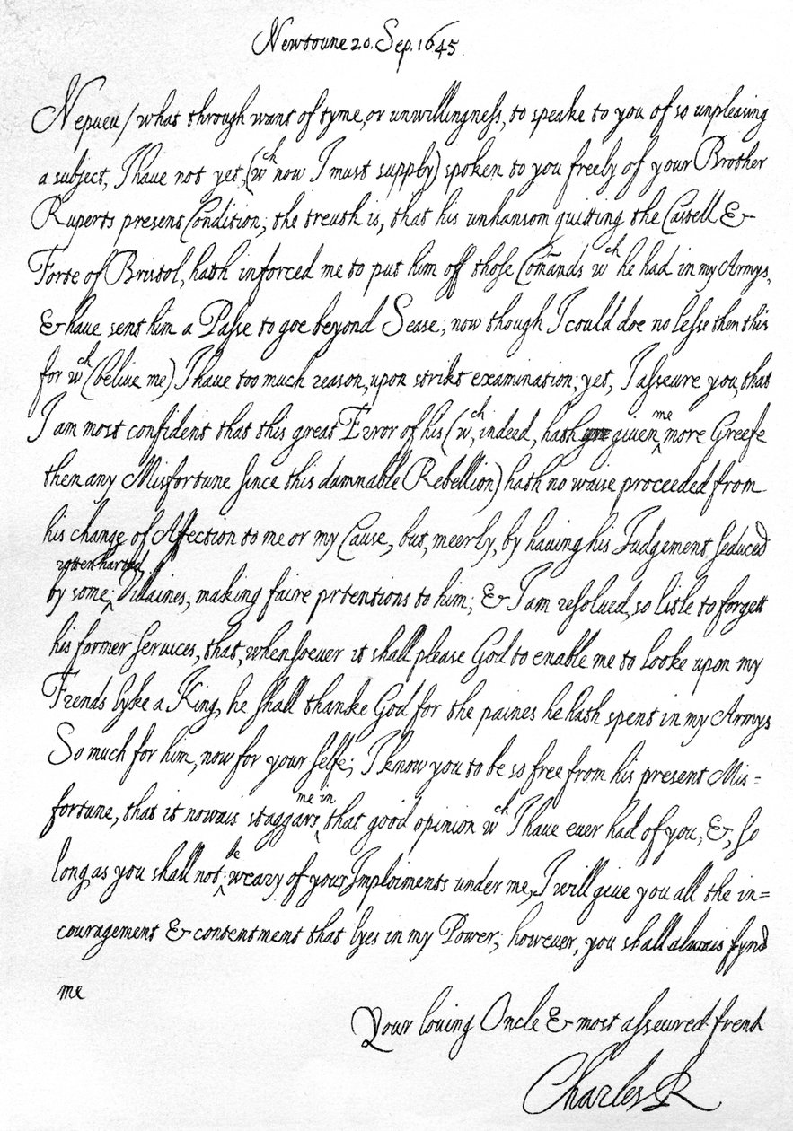 Charles I:n ystävällinen kirje veljenpojalleen prinssi Mauricelle, kirjoitettu Newtownissa, Powysissa, Walesissa, 20. syyskuuta tekijältä Unbekannt