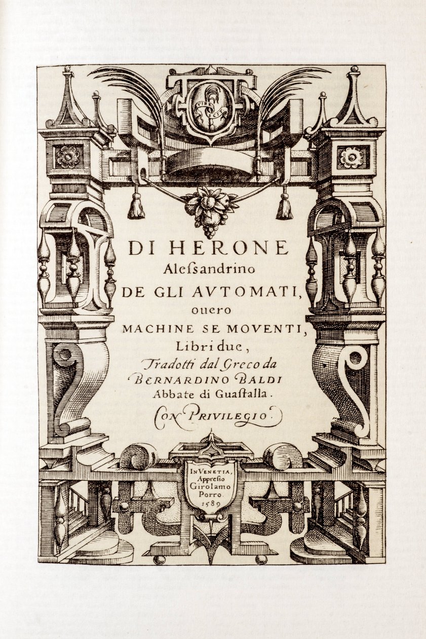 Aleksandrian Heronin (1. vuosisadan) "" Automaattien" frontispice 1589 tekijältä Unbekannt