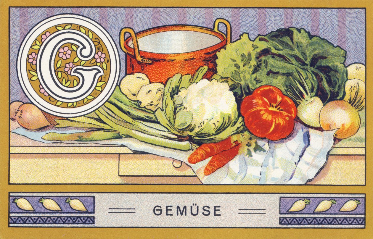 G: Kasvis - Alphabet Palmine. Kromolitografioiden sarja, toimittajina H. Schlinck & Cie, Hamburg, s. d. . Mainos Palminin hienoimmasta kookosrasvasta. Mitat: 7 x 11 cm tekijältä William M. Timlin