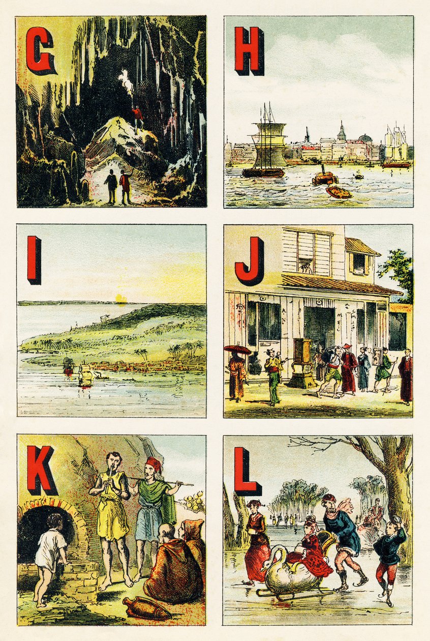 G H I J K L: luola, Hampuri, saari, Japani, Kabylie, järvi - Kaiverrus otettu maantieteellisestä aakkosesta. Guerin-Muller et Cie, kustantajat, Pariisi tekijältä Unbekannt