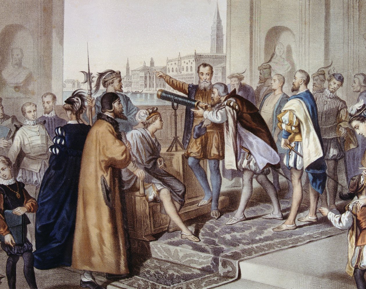 Galileo Galilei esittelee keksintöään kaukoputkea (värilitho) tekijältä Unbekannter Künstler