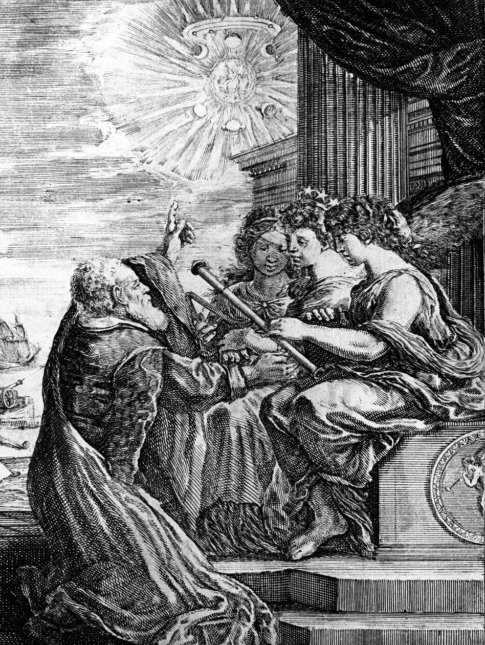 Galileo esittelee kaukoputkensa muusille ja osoittaa maailmankaikkeuden heliosentrisen järjestelmän. tekijältä Unbekannter Künstler