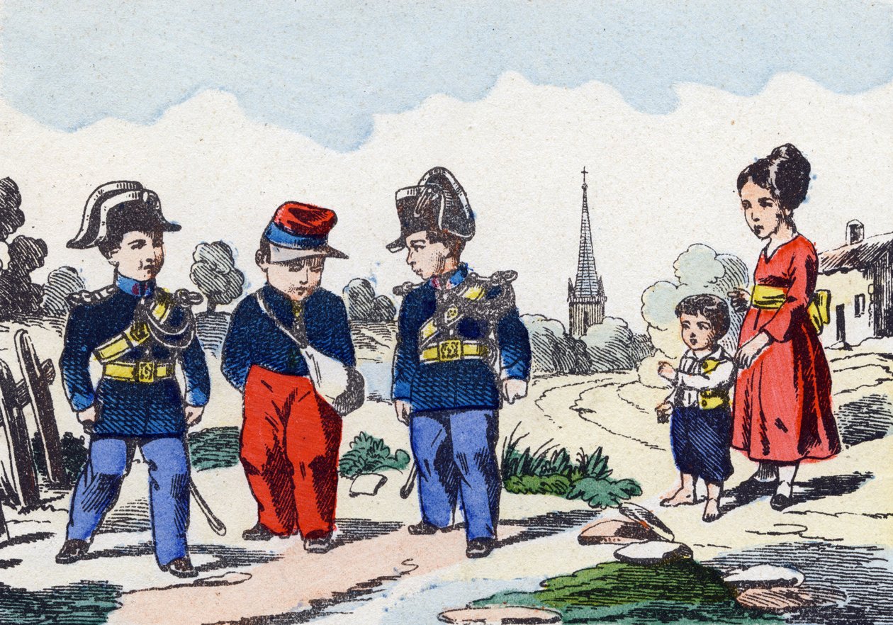 Santarmit. Kaiverrus "lasten sotilasaakkosilla". Kuvat Pont-a-Moussonista, noin 1890. 20 sivua. Aurinko: 28,5 x 21 cm tekijältä Unbekannt