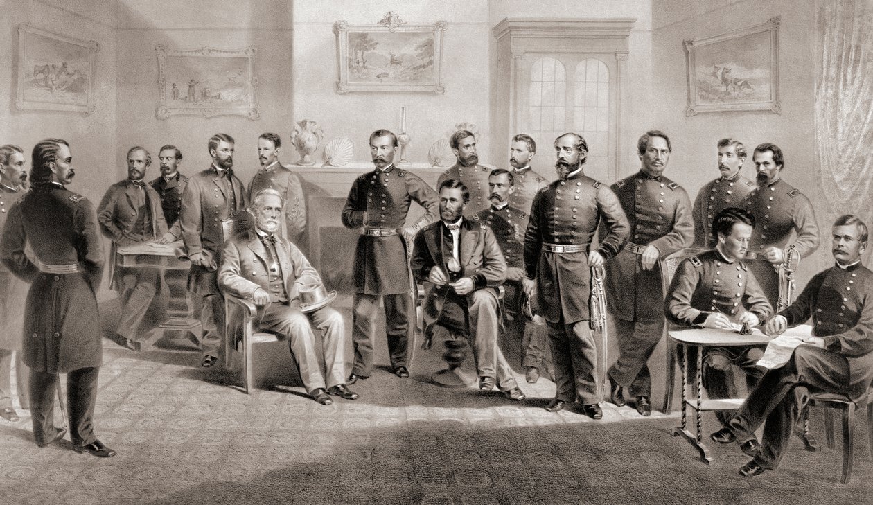 Kenraali Ulysses S. Grant (istuu keskellä oikealla) ja kenraali Robert E. Lee (istuu keskellä vasemmalla) henkilökuntansa kanssa Appomattoxin oikeustalossa Virginiassa, missä kenraali Lee luovutti Pohjois-Virginian armeijan ja päätti siten Yhdysvaltain sis tekijältä Unbekannt
