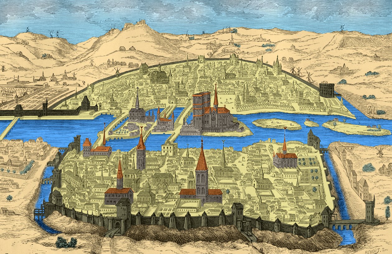 Yleiskuva Pariisista 1400- ja 1500-luvulla (kaiverrus) tekijältä Unbekannter Künstler