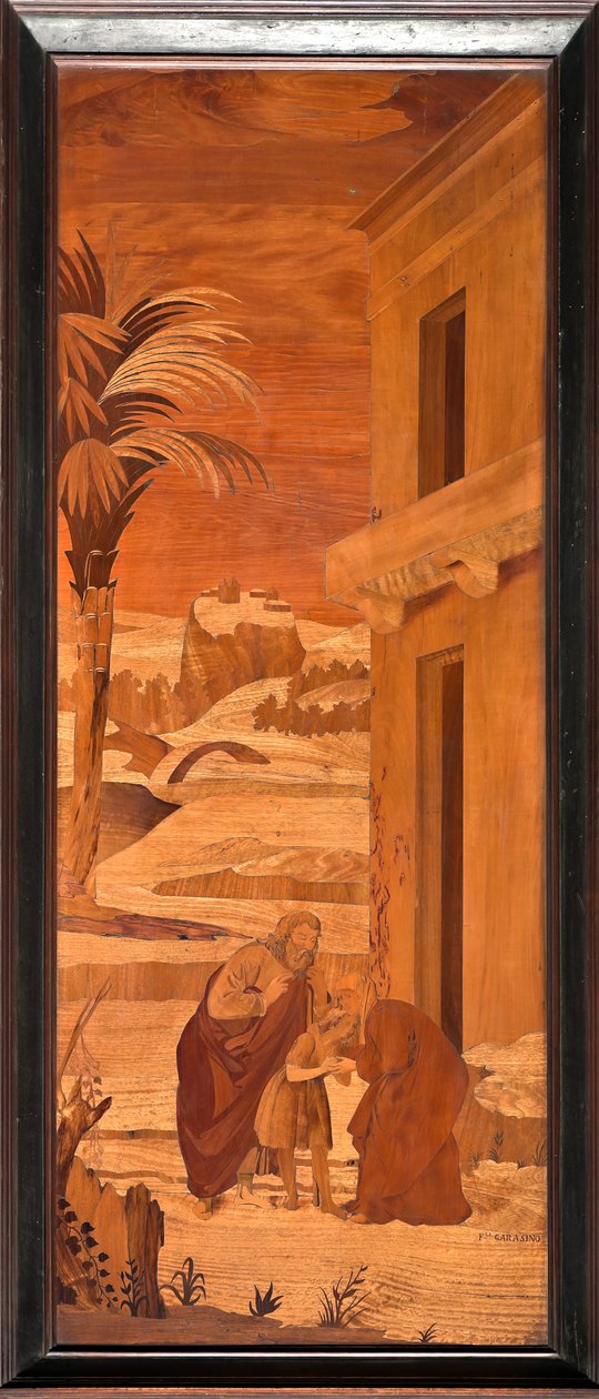 Genova, Duomo (Pyhän Laurentiuksen katedraali), sisällä, apsi, kuoro, pohjoispuoli: "Johannes Kastaja lomailee perheestään", Vincenzo ja Tommaso Garassinon puuintarsia (XIX vuosisata) tekijältä Unbekannter Künstler