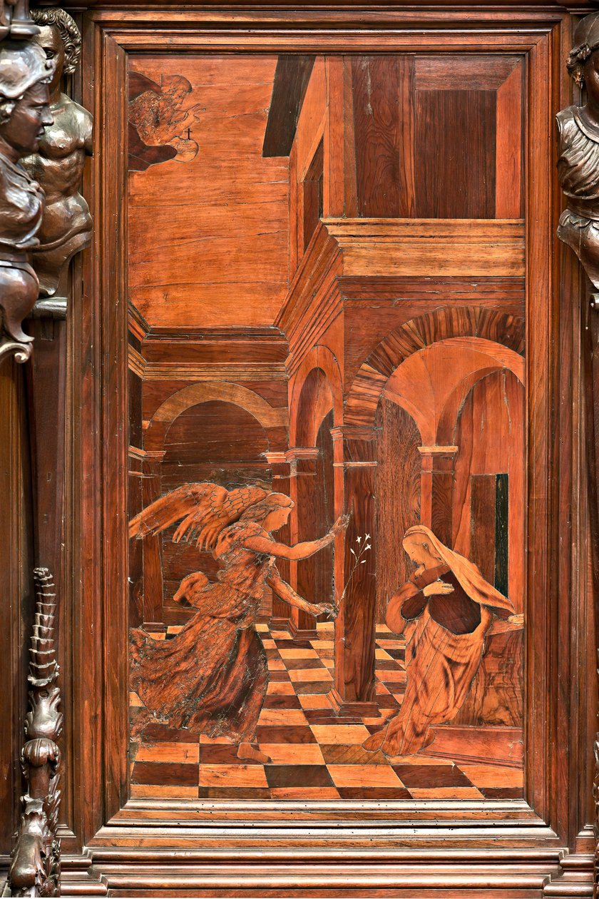 Genova, Duomo (St Lawrence Cathedral), sisällä, presbytery, apsi, kuoro, eteläpuoli: "Annunciation", Gian Michele De