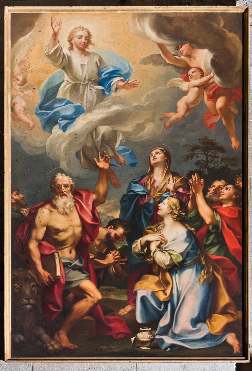 Genova, Duomo (Pyhän Laurentiuksen katedraali), sisällä, eteläinen käytävä, etelämuuri: "Ascension with St Jerome, Magdalena ja pyhät" (noin 1694) tekijältä Unbekannter Künstler