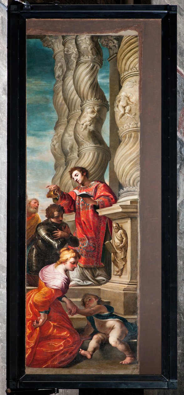 Genova, Duomo (Pyhän Laurentiuksen katedraali), sisustus, vasen käytävä, eteläpuolen poikkiputken urkujen alkuperäiset ovet: "St Lawrence christs St Romanus" (1634-6), kirjoittanut Andrea Ansaldo tekijältä Unbekannter Künstler