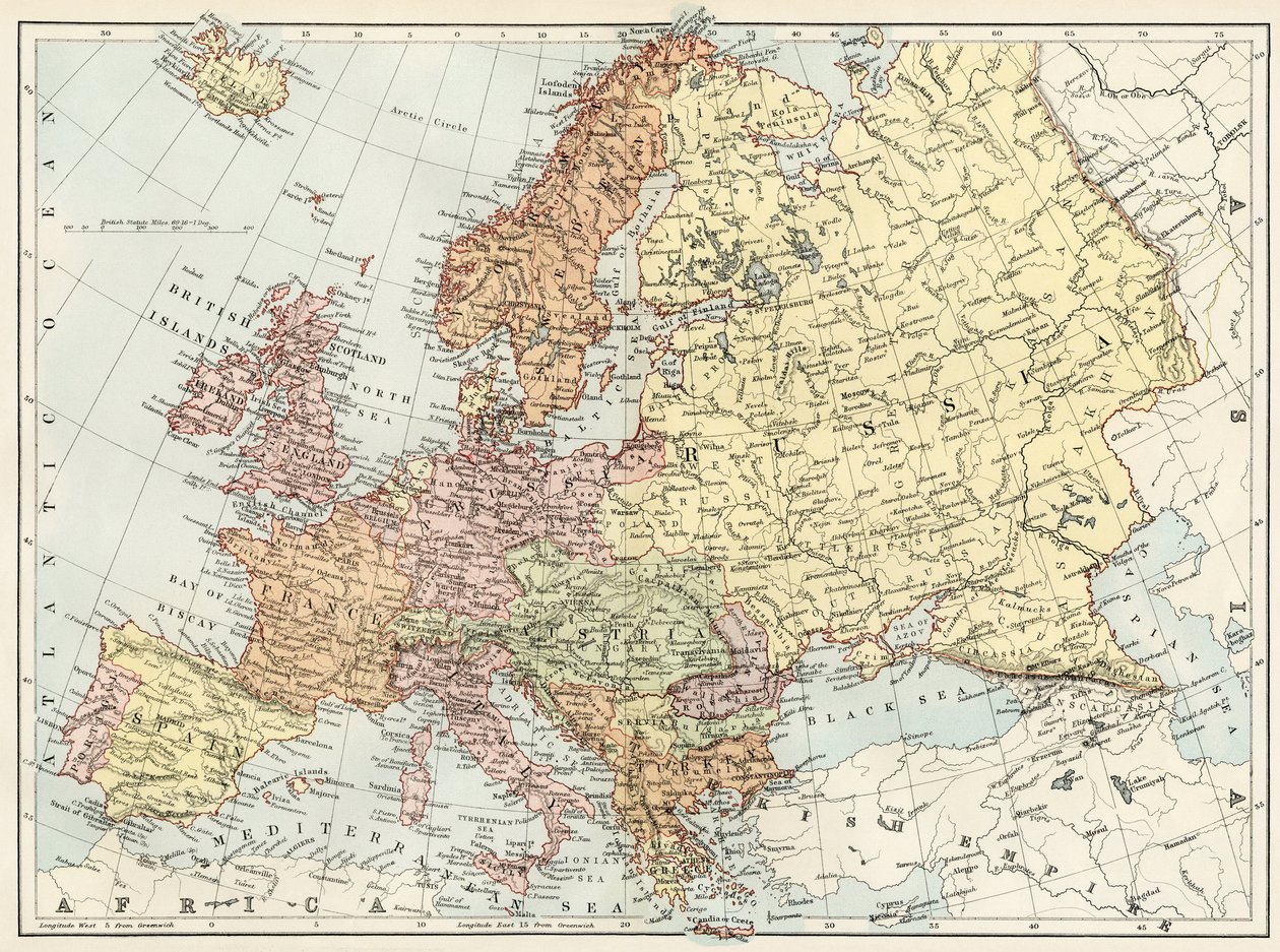 Euroopan maantieteellinen kartta 1870-luvulla. 1800-luvun värilitografia tekijältä Unbekannter Künstler