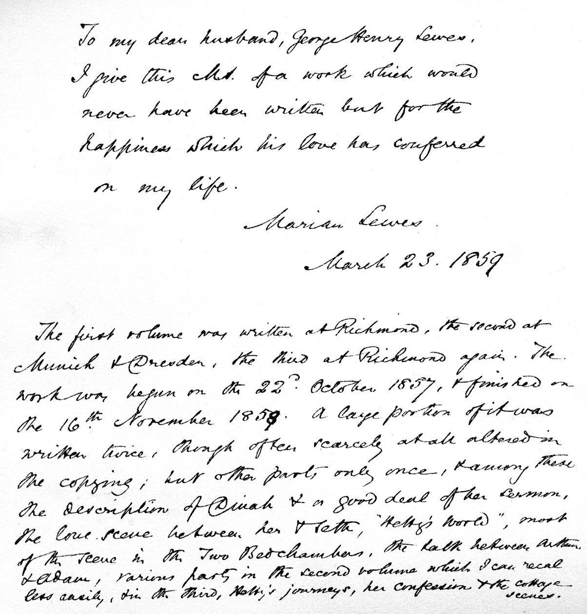 George Eliotin lämmin ja rakastava omistautuminen "rakkaalle aviomiehelleen" George Henry Lewesille hänen romaanin "Adam Bede" käsikirjoituksen ensimmäisellä sivulla 23. maaliskuuta tekijältä Unbekannt